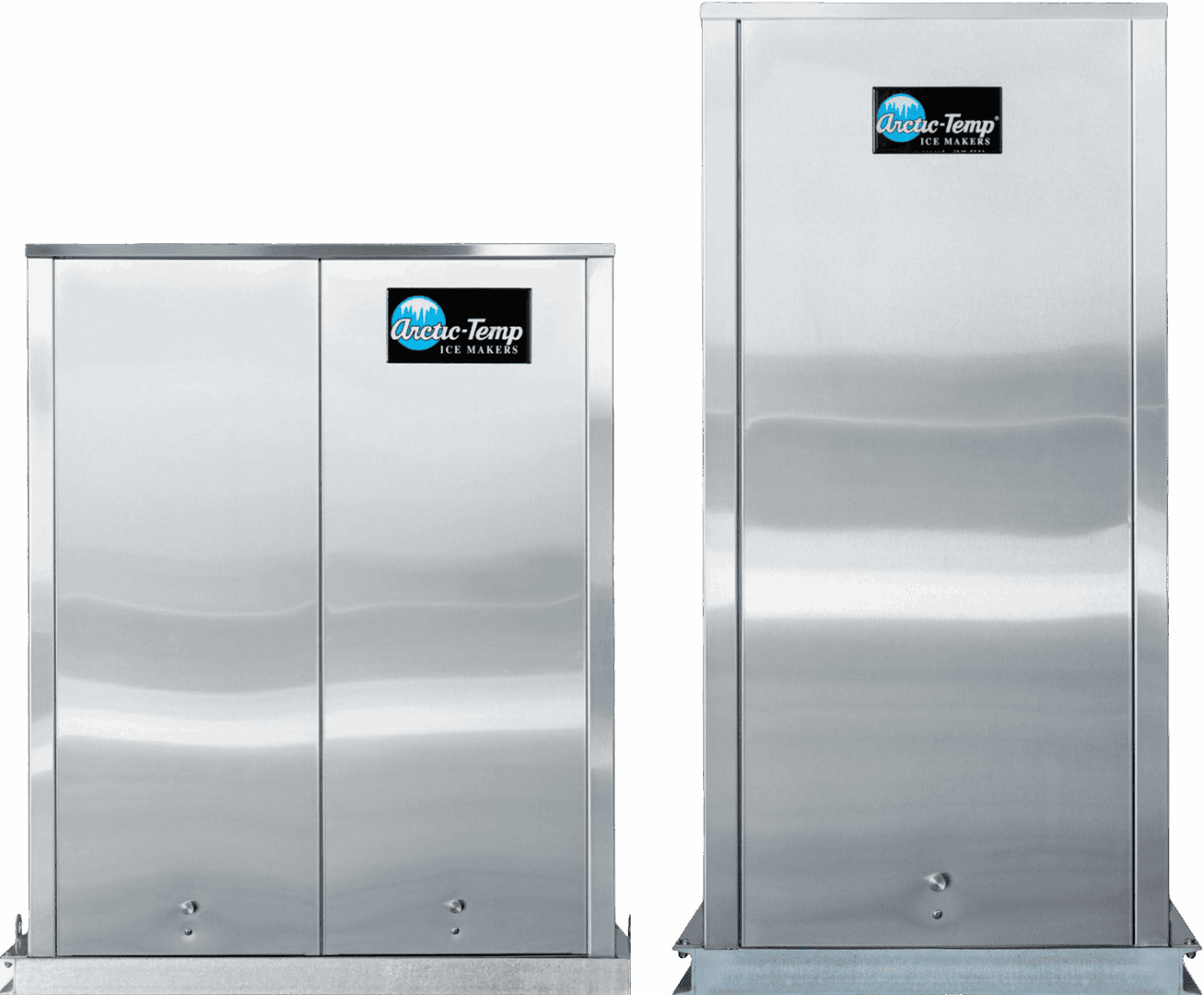Two stainless steel commercial ice machines.