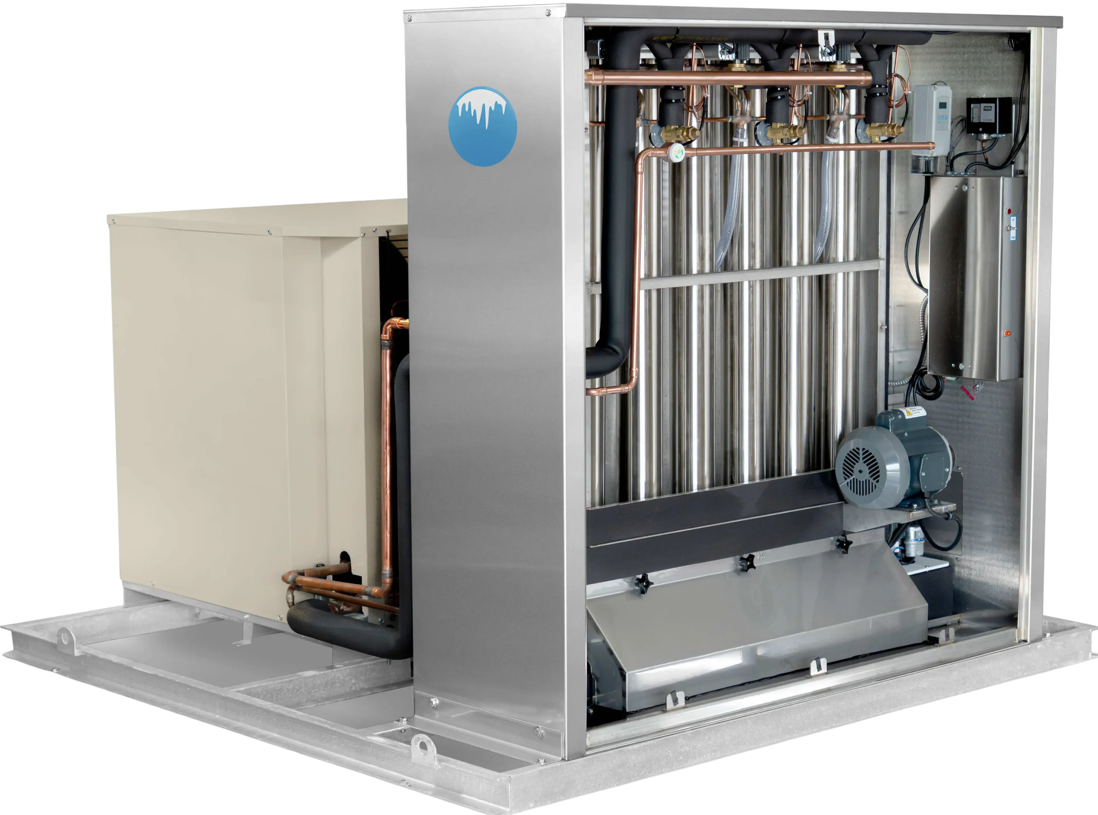 Industrial ice machine with exposed components.